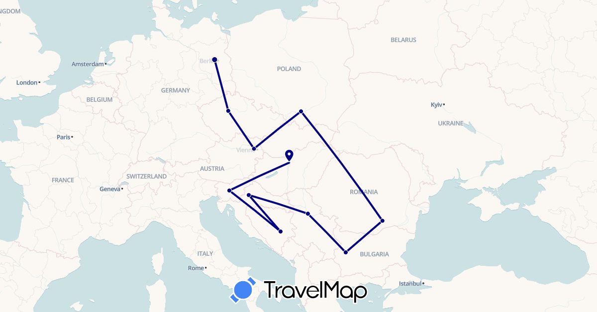 TravelMap itinerary: driving in Austria, Bosnia and Herzegovina, Bulgaria, Czech Republic, Germany, Croatia, Hungary, Poland, Romania, Serbia, Slovenia (Europe)